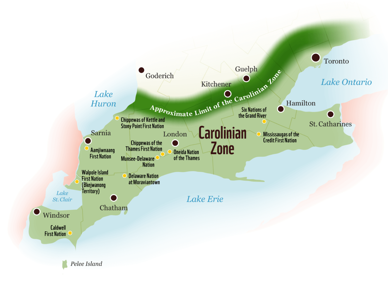 Map showing the location of 10 cities and 10 First Nations in southern Ontario with respect to the Carolinian zone ecoregion.